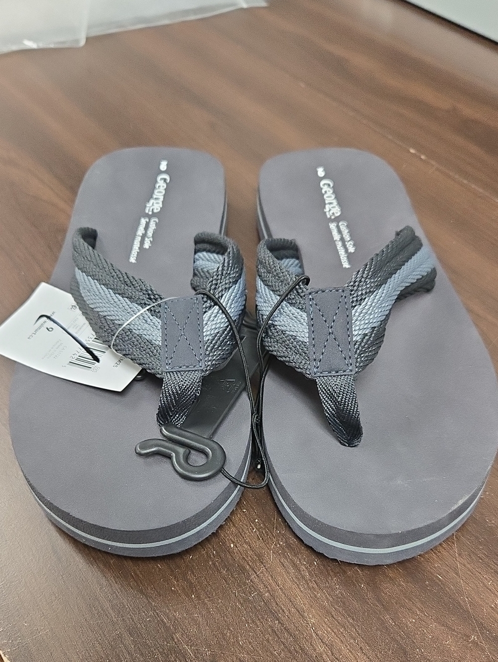 George Size 9 Black and Grey Striped Thong Style Flip Flop Sandal